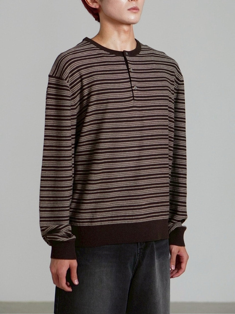 受注制【Chikashitsu +】cropped henry neck border knit / 【チカシツプラス】クロップドヘンリーネックボーダーニット (3color)