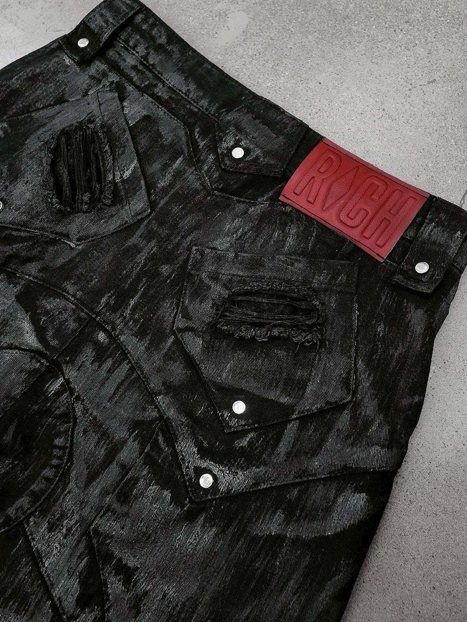 1/2 20:00再販【RICH】Knight Wide Waxed Short Pants/ 【リッチ】デザインデニムダメージハーフパンツ