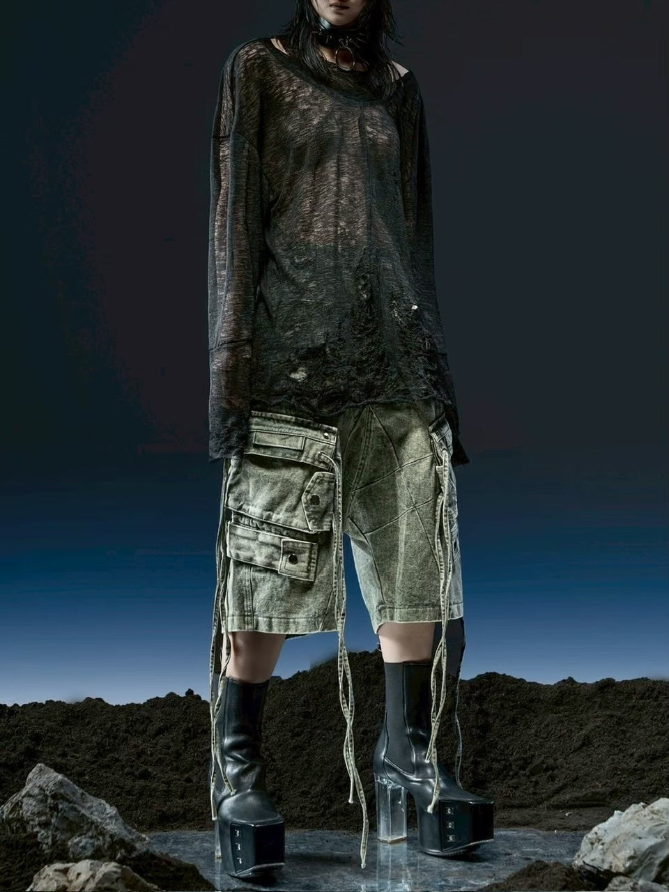 1/2 20:00再販【RICH】Ripped Over Knit Top / 【リッチ】シースルーオーバーサイズ長袖ニット