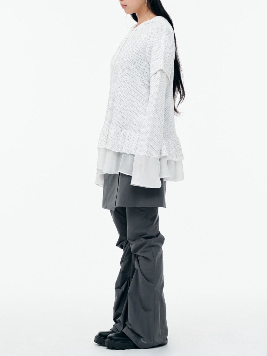 【TUOMIO】FRILL CHIFFON HOODIE / 【トゥオミオ】フリルシフォンフードパーカー