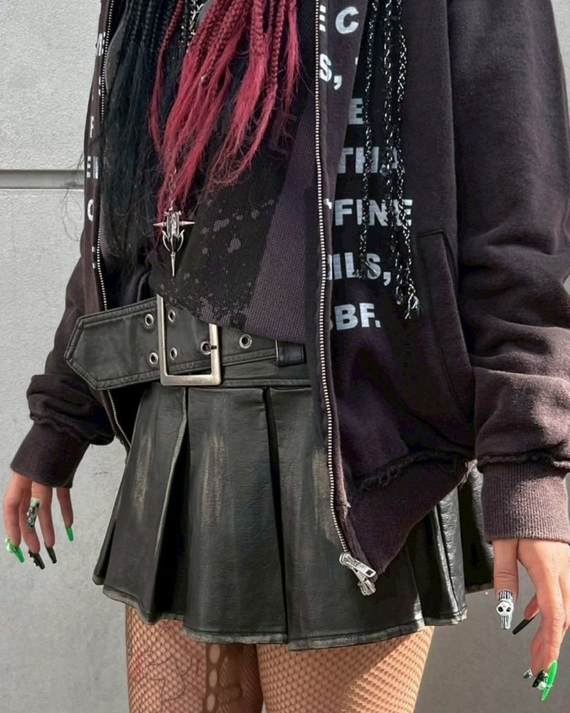 【Never mind the XU】belt pleats leather skirt / 【ネバーマインドザエックスユー】ベルト付きプリーツレザーミニスカート (2color)