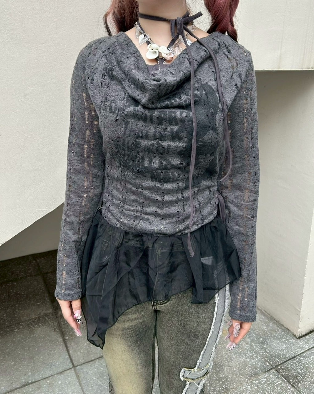 【Never mind the XU】see-through loose tops / 【ネバーマインドザエックスユー】シースルーレイヤードフリル長袖トップス (2color)