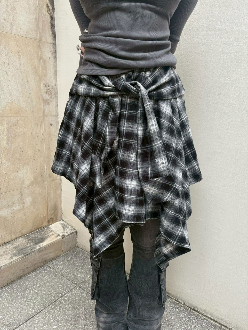 【Never mind the XU】wrap check skirt / 【ネバーマインドザエックスユー】ラップチェックスカート (2color)