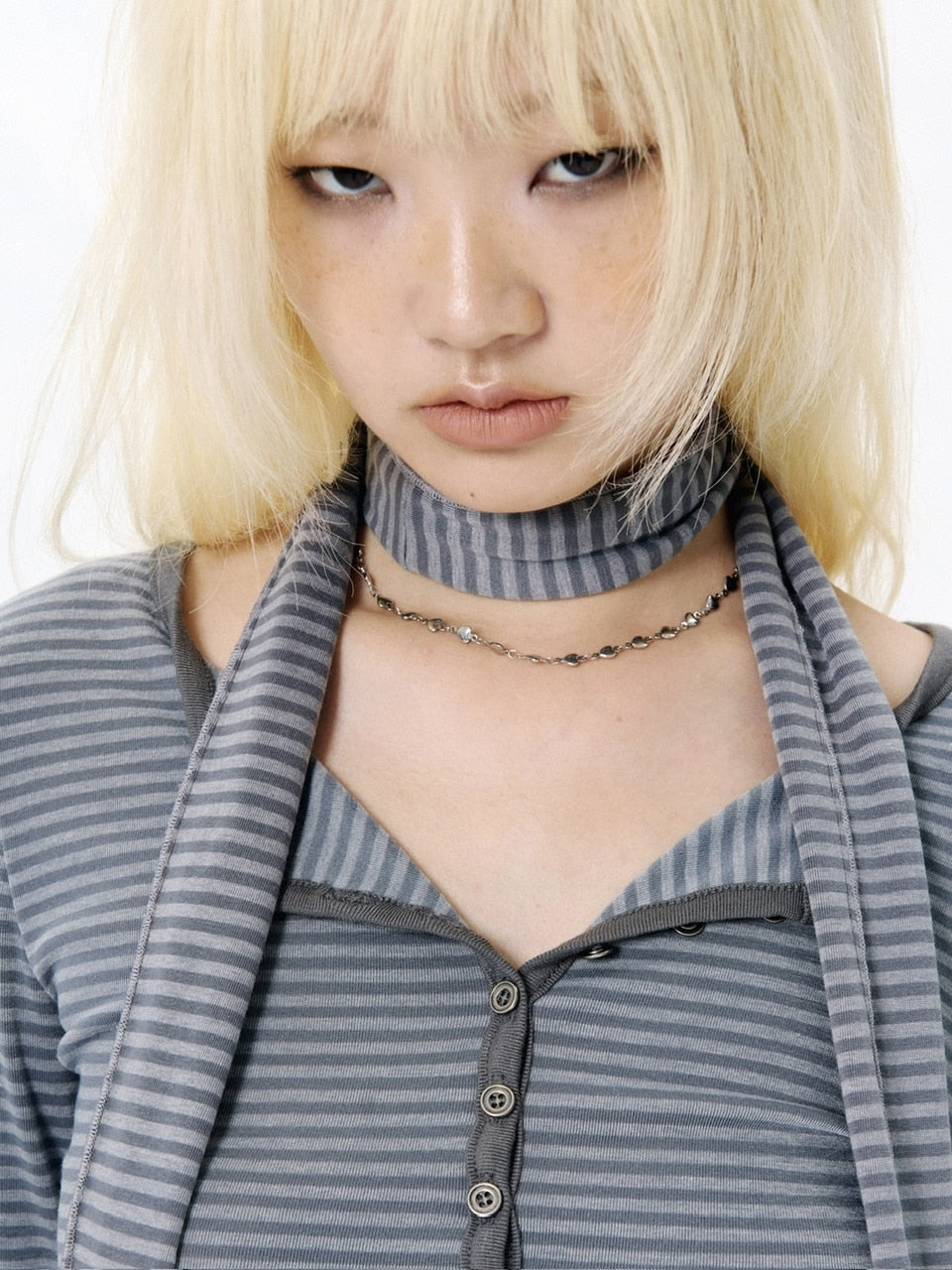 【runningHIGH】BUTTON STRIPE L/S TEE with MUFFLER / 【ランニングハイ】マフラー付きボタンストライプ長袖Ｔシャツ