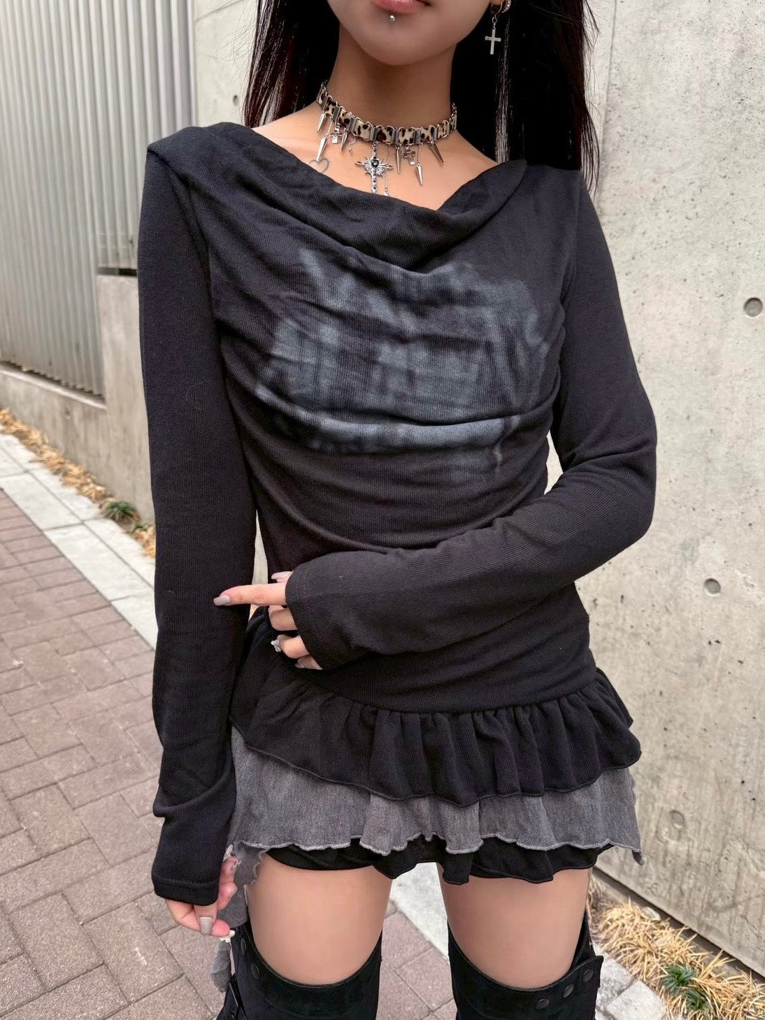 【Never mind the XU】tie set layered long sleeve / 【ネバーマインドザエックスユー】タイセットレイヤード長袖トップス (2color)