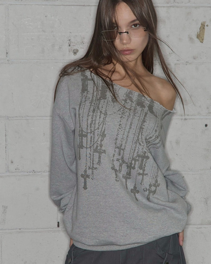 【FANCY CLUB】NECKLISS ONE-SHOULDER SWEATSHIRT / 【ファンシークラブ】ネックレスワンショルダースウェット長袖Tシャツ "