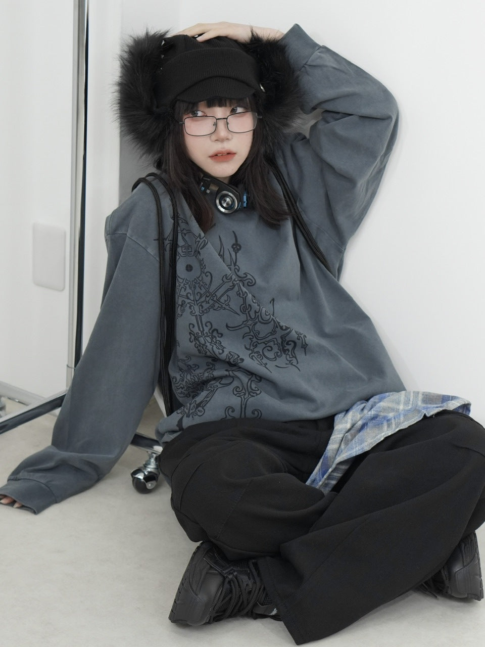 国際配送【Nerd out XU】waist scarf denim wide pants