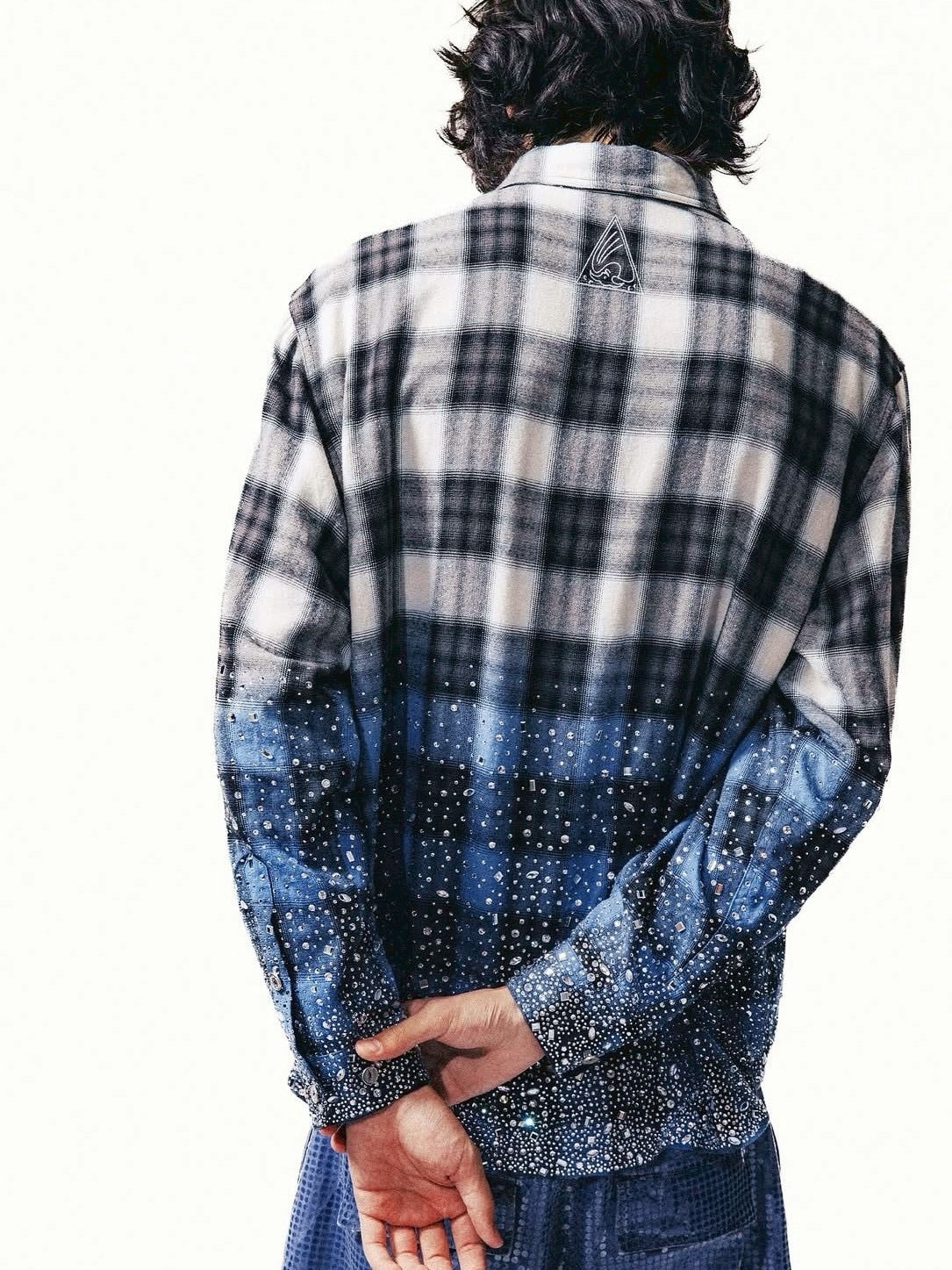 【The Boy Has No Patience】Saint Irregular Hot Diamond Plaid Shirt / 【ザボーイハズノーペーシェンス】ラインストーングラデーション長袖チェックシャツ