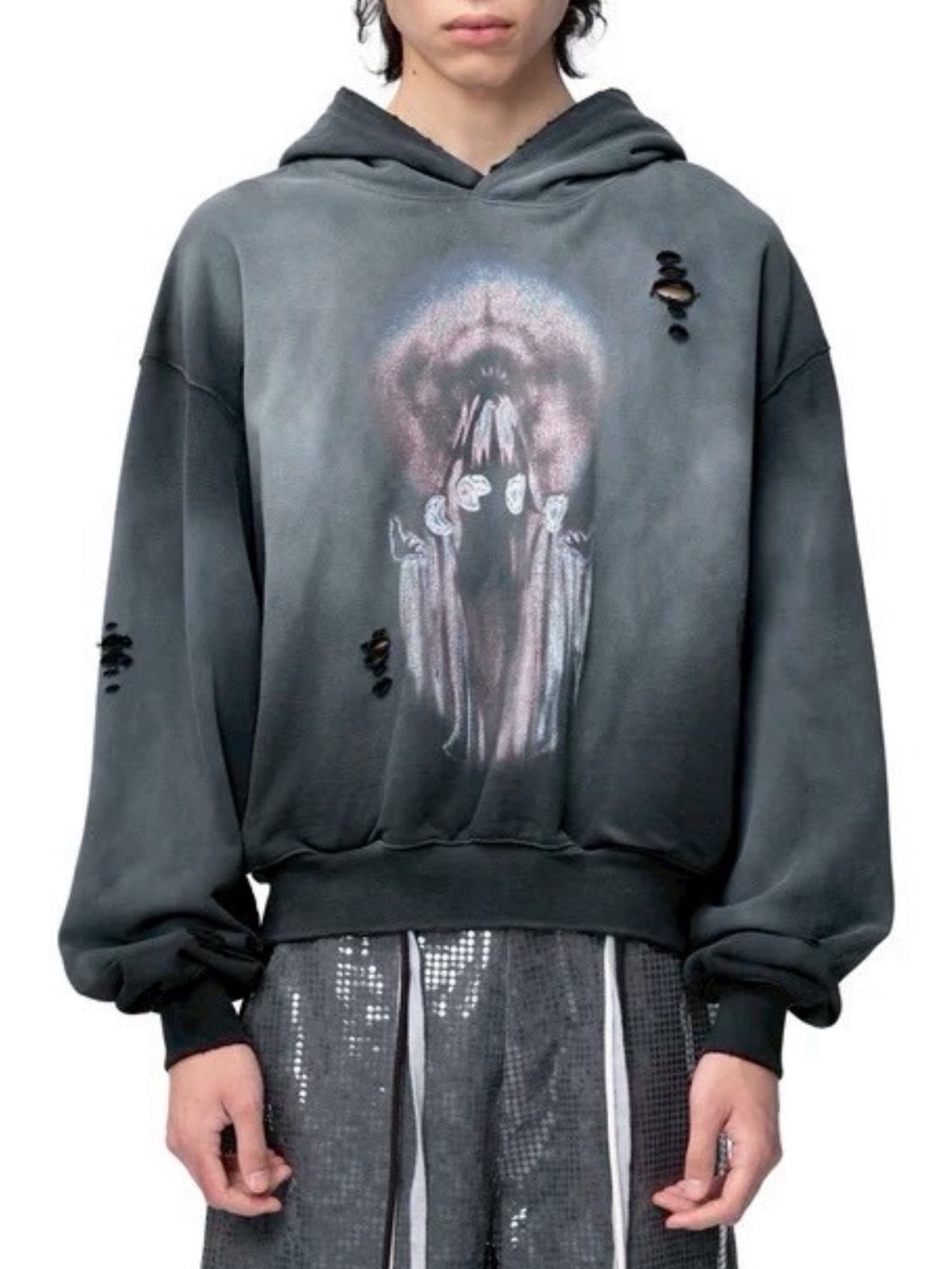 【The Boy Has No Patience】Knife-Cut Destruction Spray-Colored Sweatshirt / 【ザボーイハズノーペーシェンス】グラフィックスプレーカラープルオーバーパーカー