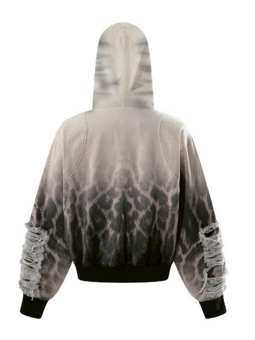 【The Boy Has No Patience】Fur Print Patchwork Jacket / 【ザボーイハズノーペーシェンス】レオパードプリントダメージフードジップアップブルゾン