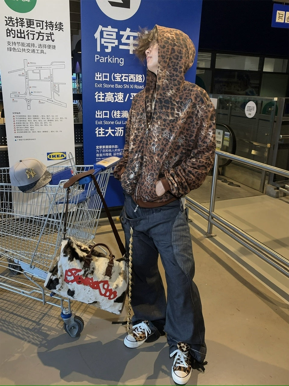 【DND4DES】Cartoon Rhinestone-Studded Leopard Print Zip Hoodie /【ディーエヌディーフォーデス】ラインストーンレオパードプリントジップアップパーカー