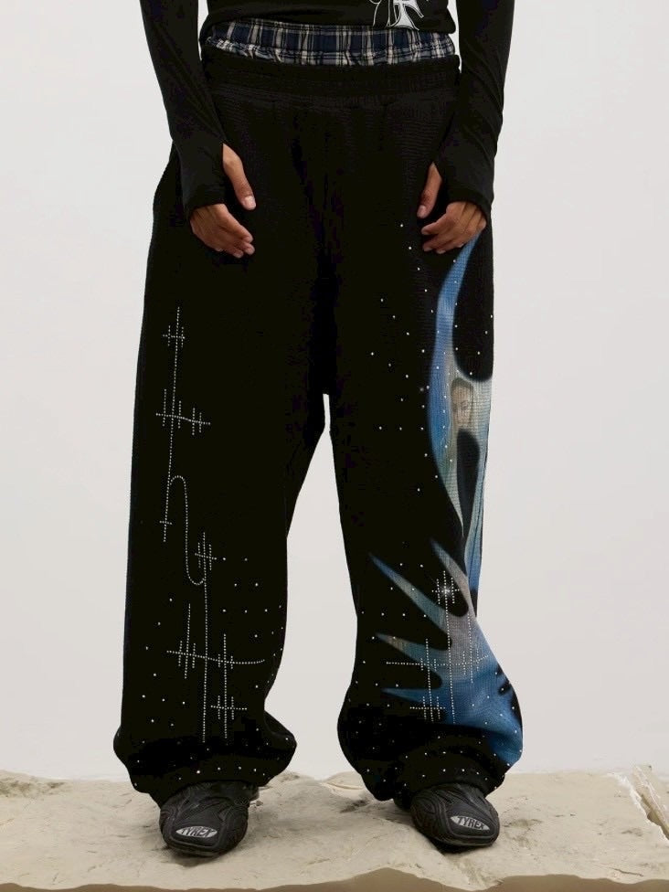 【DND4DES】Saint-M?・re De R?・ches Double-Waist Sweatpants /【ディーエヌディーフォーデス】ダブルウエストラインストーンスウェットパンツ