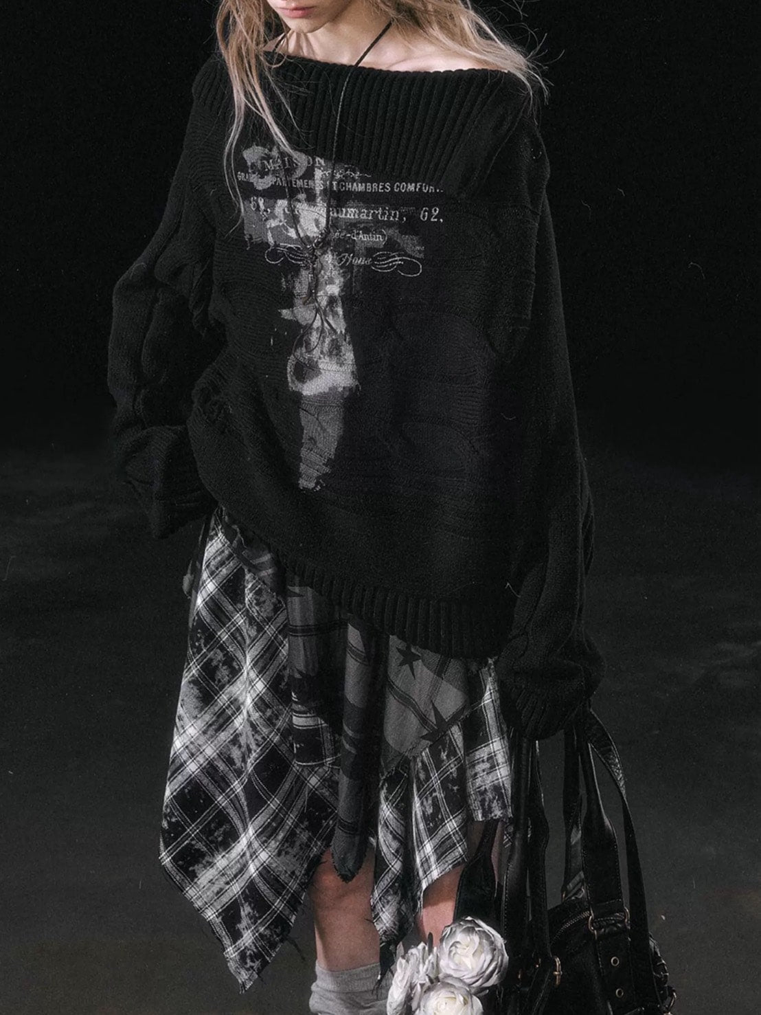 【Cest Nous】Star-Patterned Plaid Asymmetrical Skirt