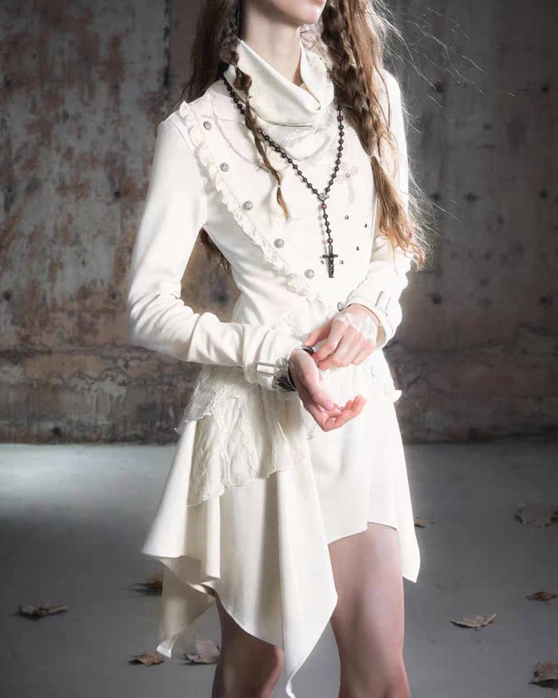 【Cest Nous】Beige Cowl Neck Dress / 【セヌー】ハイネックアシンメトリーフリルワンピース