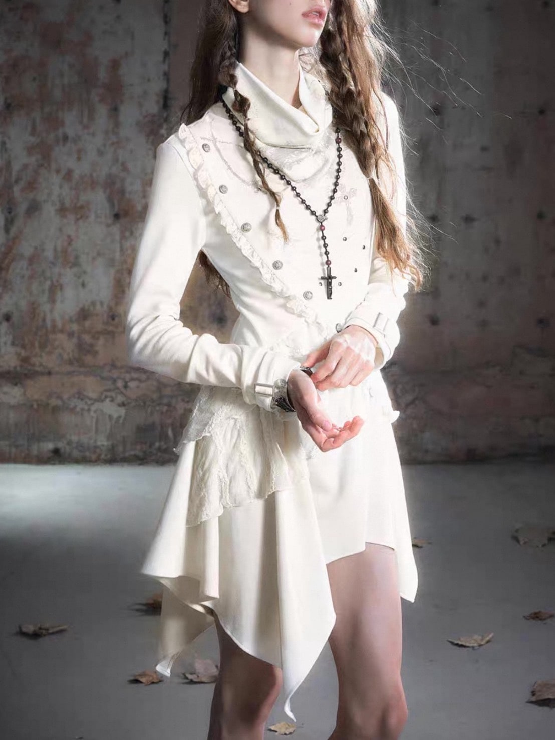 【Cest Nous】Beige Cowl Neck Dress / 【セヌー】ハイネックアシンメトリーフリルワンピース