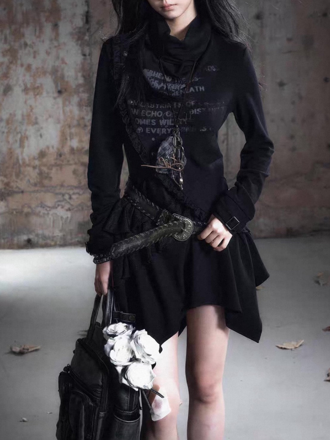 【Cest Nous】Black Cowl Neck Dress / 【セヌー】ハイネックアシンメトリーフリルワンピース