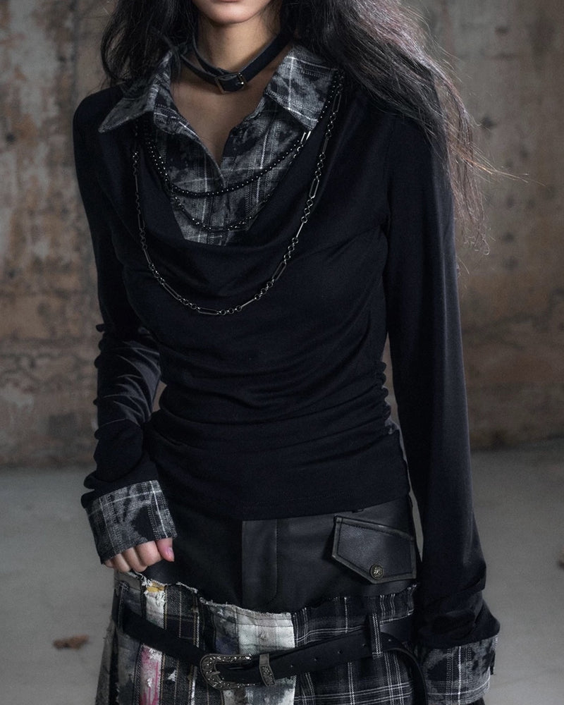【Cest Nous】Plaid Necklace Top / 【セヌー】チェーン付きレイヤードシャツ