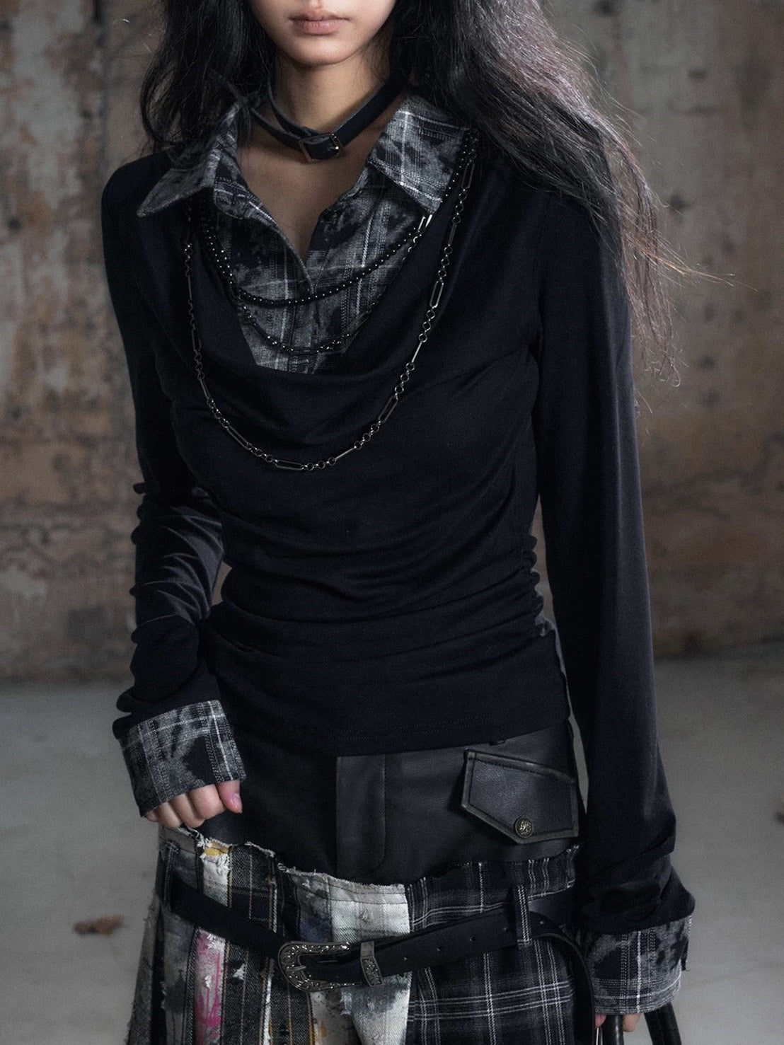 【Cest Nous】Plaid Necklace Top / 【セヌー】チェーン付きレイヤードシャツ