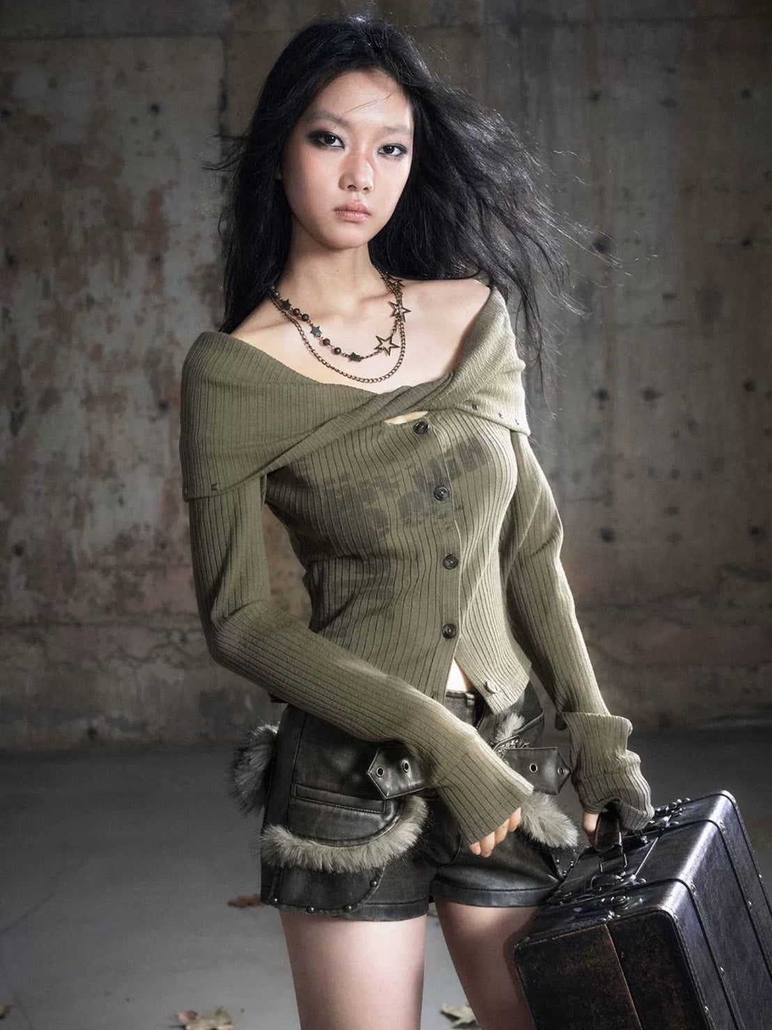 【Cest Nous】Off Shoulder Print Top / 【セヌー】オフショルダープリント長袖トップス