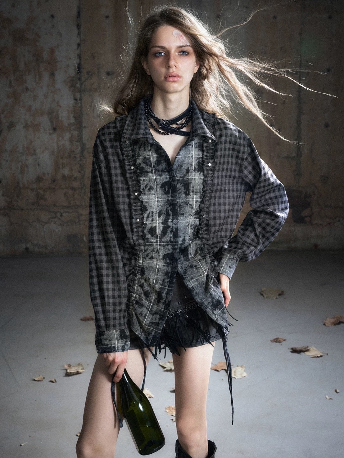 【Cest Nous】Plaid Patchwork Blouse / 【セヌー】パッチワークフリルシャツ