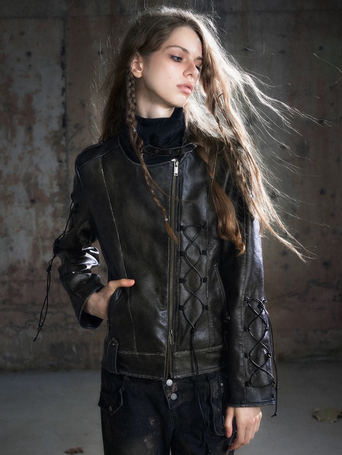 【Cest Nous】Lace-up Non-leather Jacket / 【セヌー】ハイネックコーティングレースアップジャケット