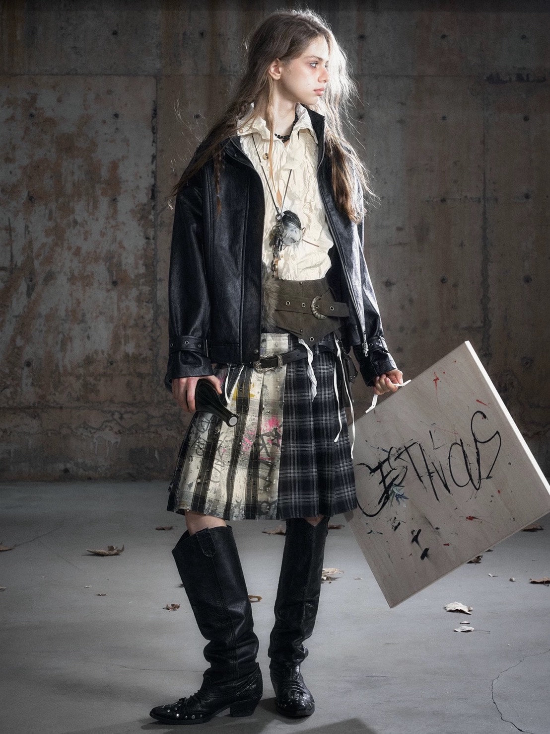 【Cest Nous】Plaid Pleated Skirt / 【セヌー】レイヤードデザインベルトプリーツスカート