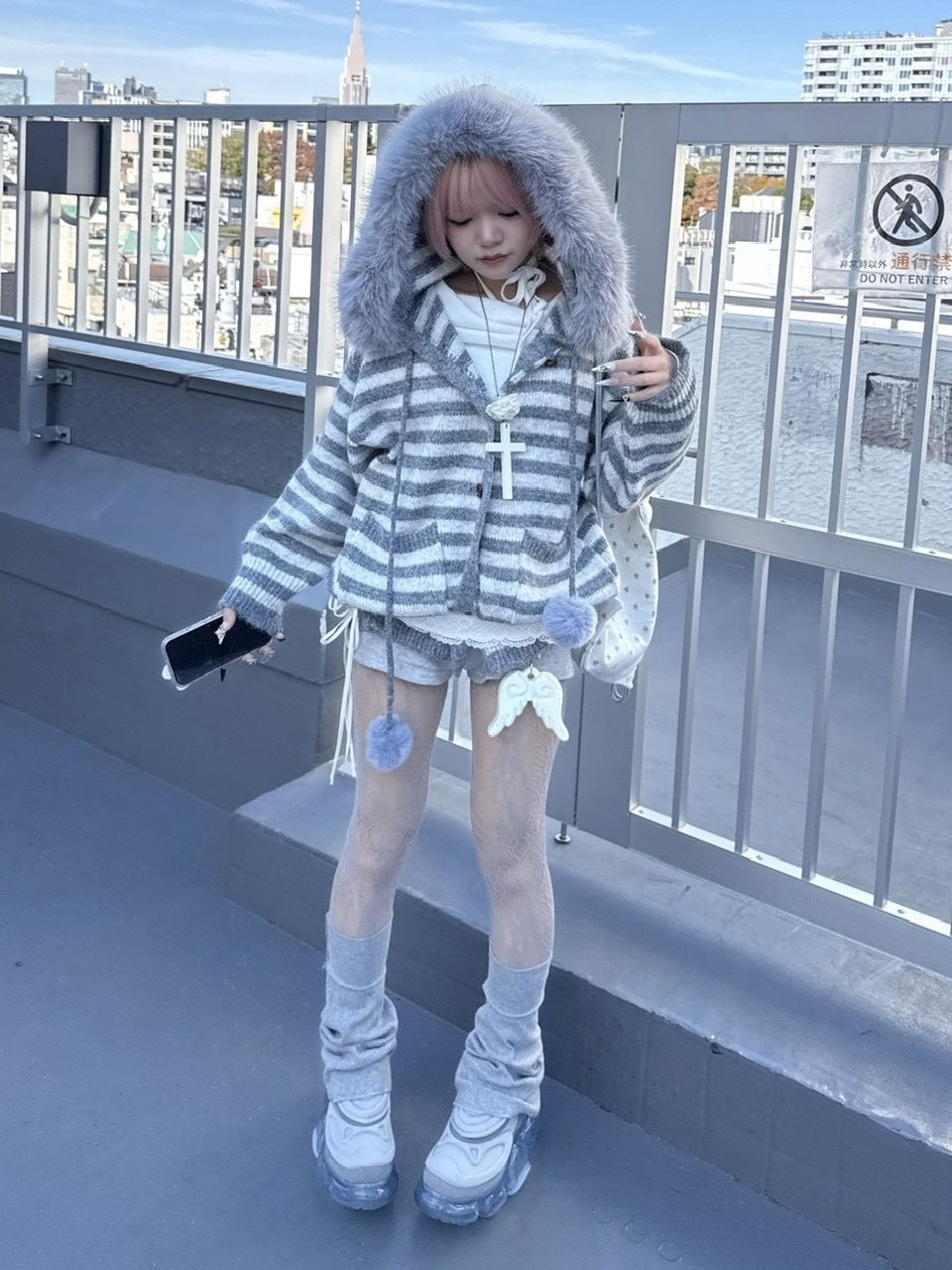 受注制【nmtc +】stripe fur hood cardigan / 【エヌエムティーシープラス】ストライプファーフードカーディガン