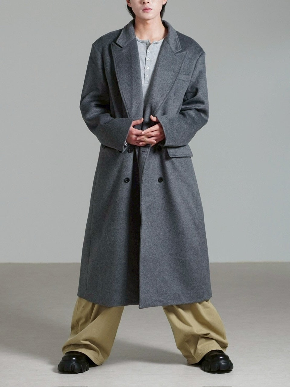 受注制【Chikashitsu +】overfit cashmere blend double long coat / 【チカシツプラス】オーバーフィットカシミヤブレンドダブルロングコート (3color)