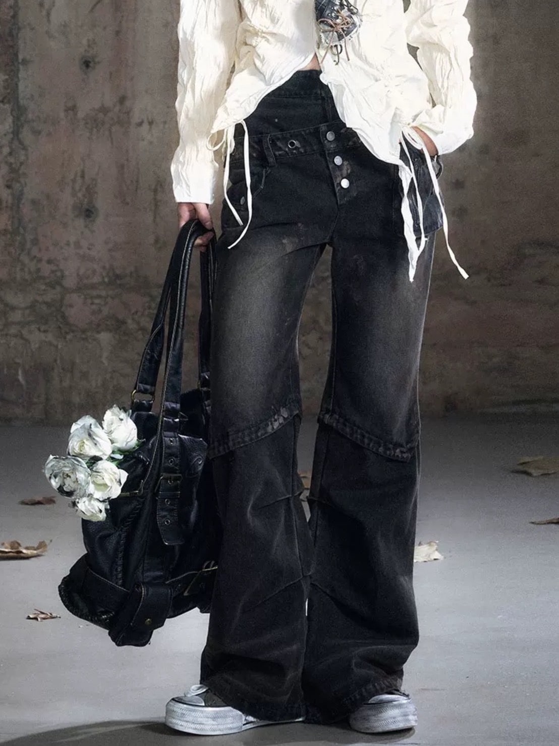 【Cest Nous】Dirty Wash Double Waist Jeans / 【セヌー】ダーティーウォッシュダブルウエストデニムパンツ"