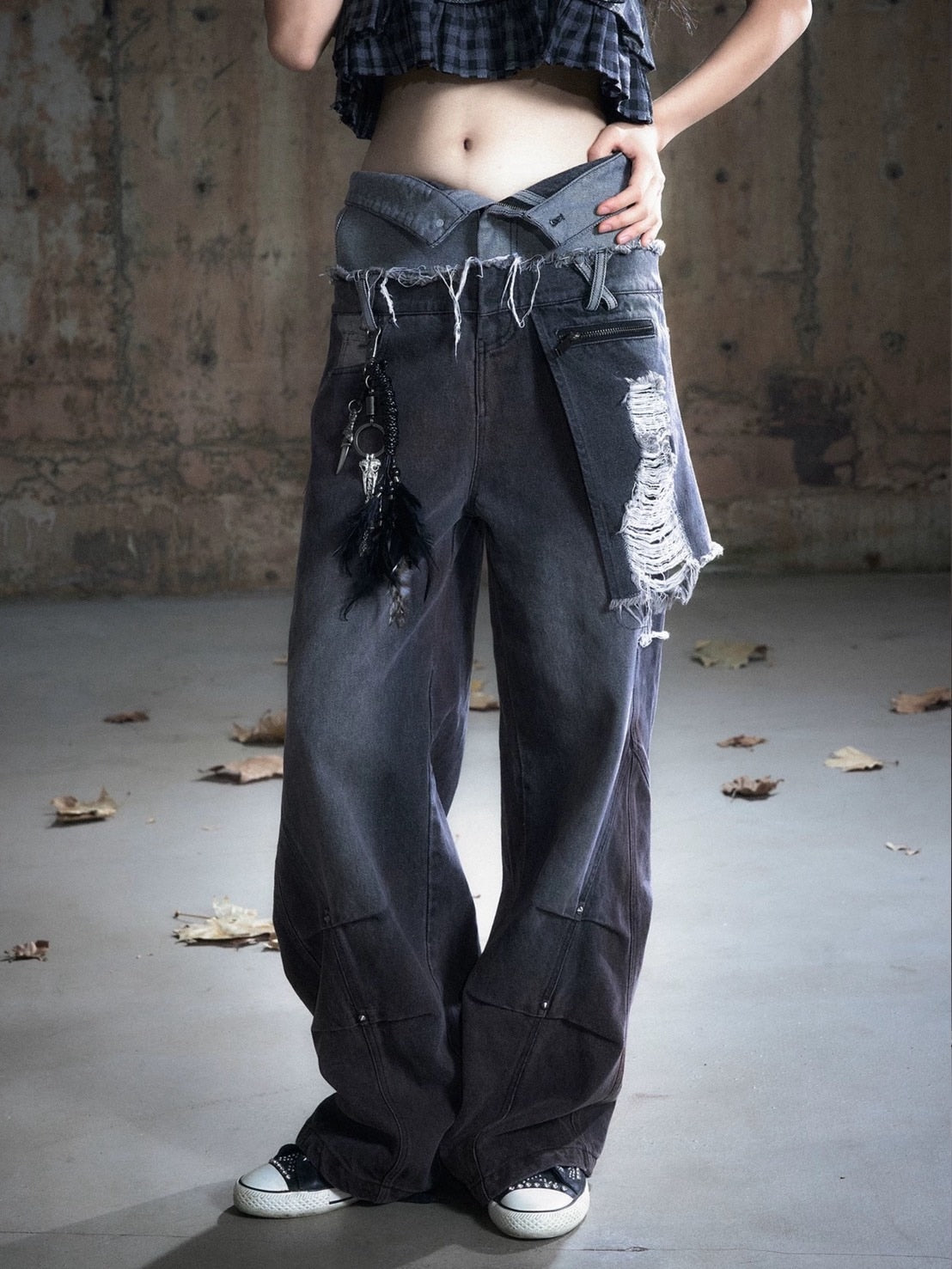 【Cest Nous】Black & Red Wide-Leg Pants / 【セヌー】ダブルウエストダメージデニムパンツ