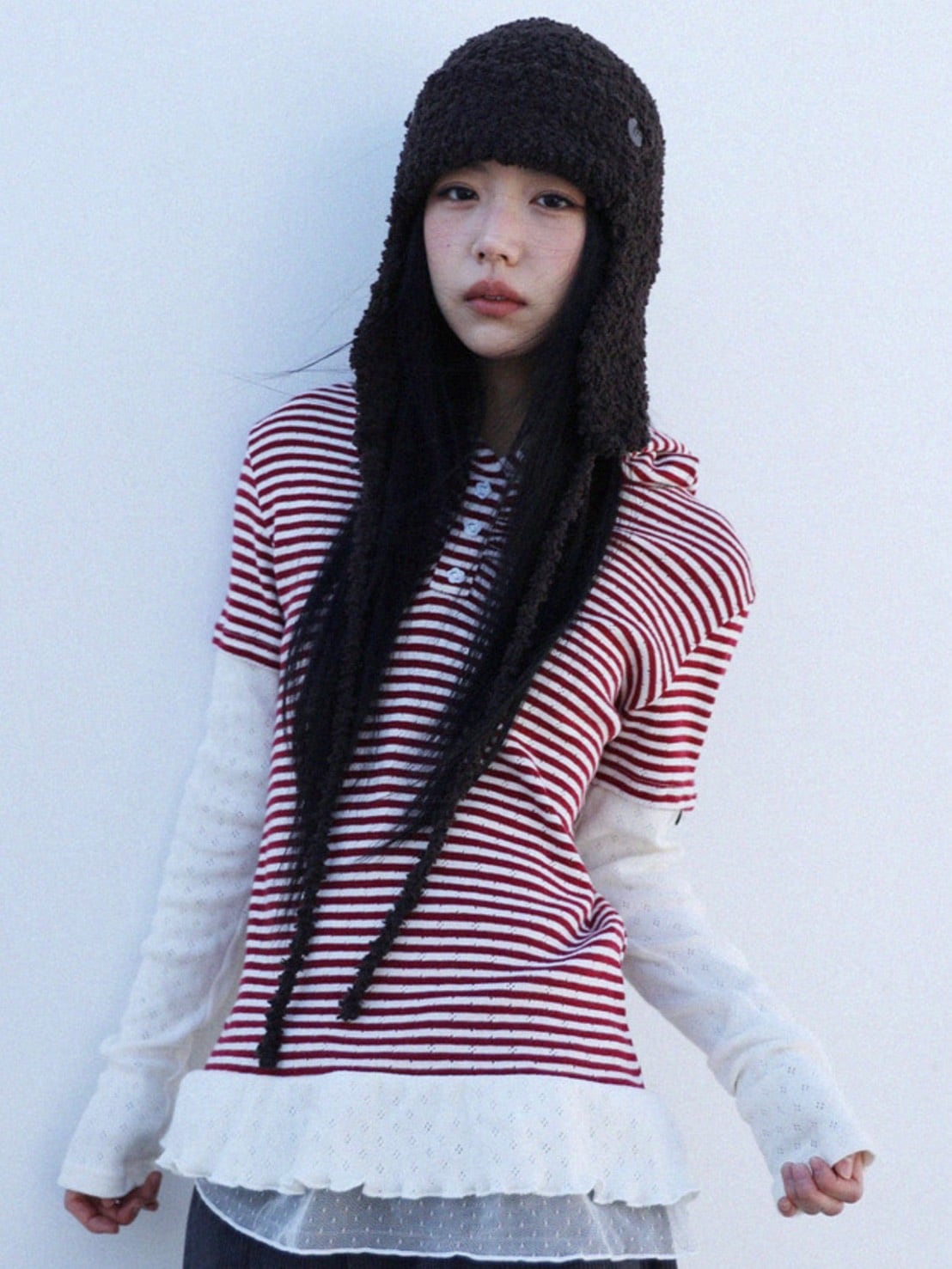12/21 20:00 発売【Uglyshadow】STRIPE SHIRRING LAYERED HOODIE