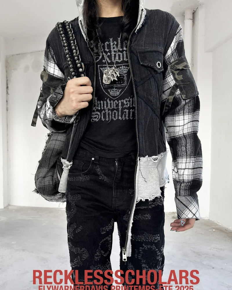 【Reckless Scholars】RE:WORK DENIM FLANNEL TRYCKER / 【レックレス スカラーズ】チェックスリーブレイヤードデニムジップパーカー
