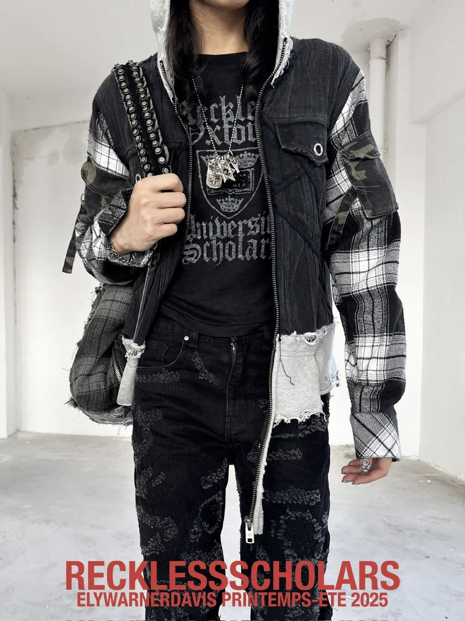 【Reckless Scholars】RE:WORK DENIM FLANNEL TRYCKER / 【レックレス スカラーズ】チェックスリーブレイヤードデニムジップパーカー