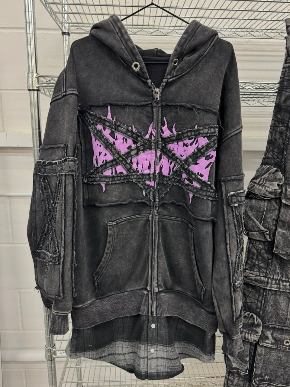 モデル身長サイズ【Reckless Scholars】PENT PATCH FLANNEL HOODIE / 【レックレス スカラーズ】フロントデザインレイヤードウォッシュジップパーカー