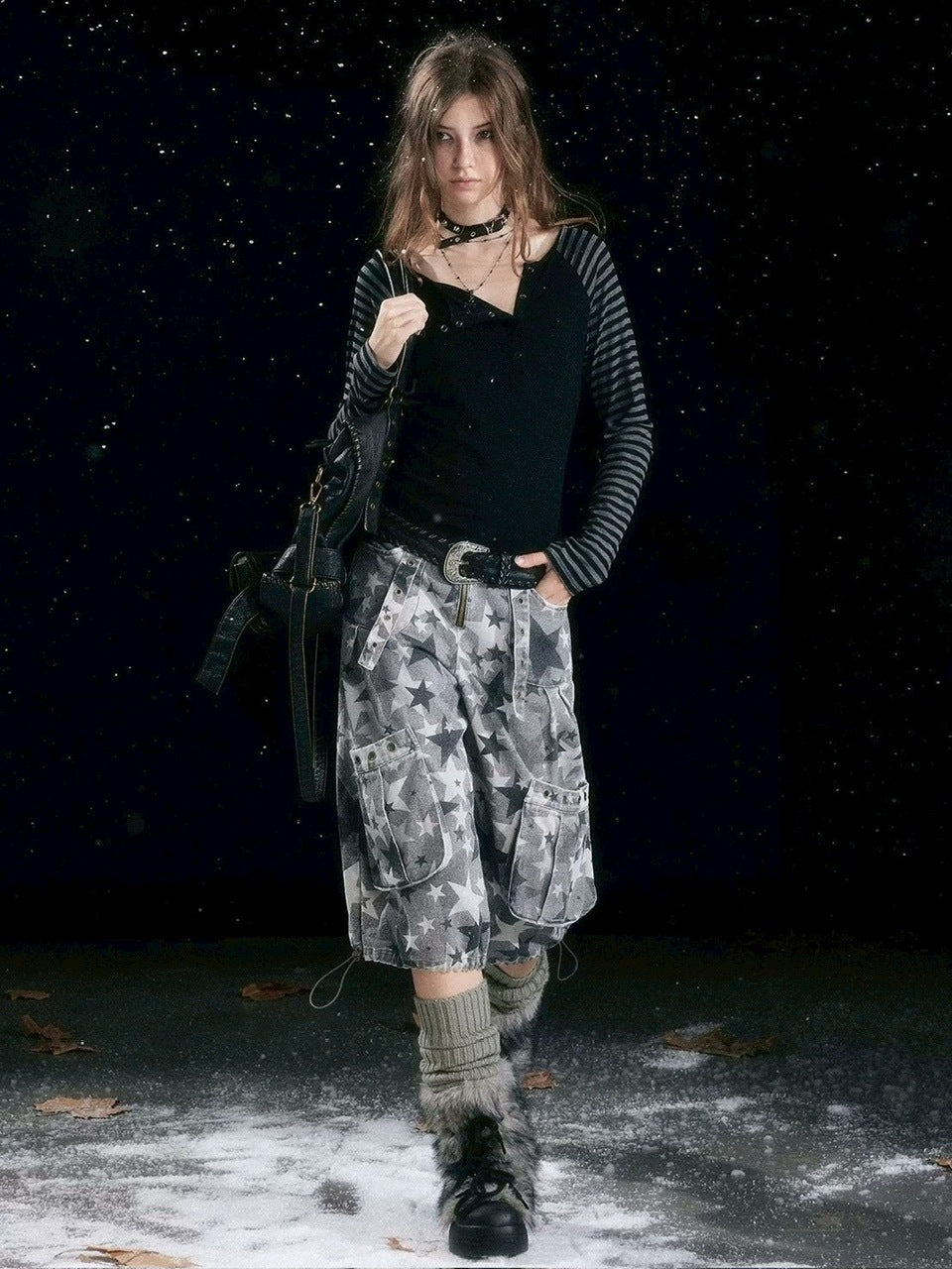 【Cest Nous】Star camouflage capri pants / 【セヌー】スターカモフラージュポケットハーフパンツ