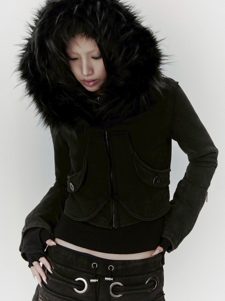 【bonienkiye】Distressed Seam Fur Hood Zip-Up