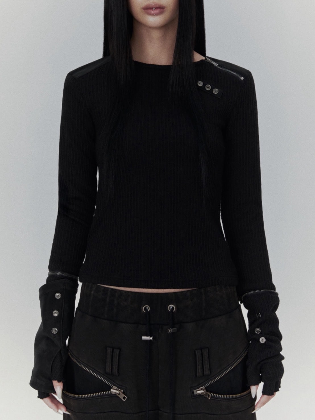 【bonienkiye】Detachable Zipper Leather Top