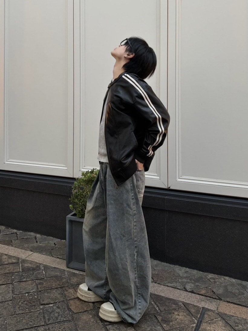 国際配送【LUV CODE】line leather jacket (2color)