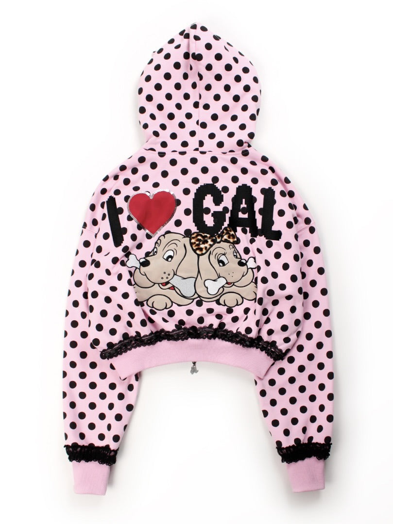 【GALFY】ポップポップI LOVE GALパーカー / 【ガルフィー】バックデザインドット耳付きジップアップパーカー
