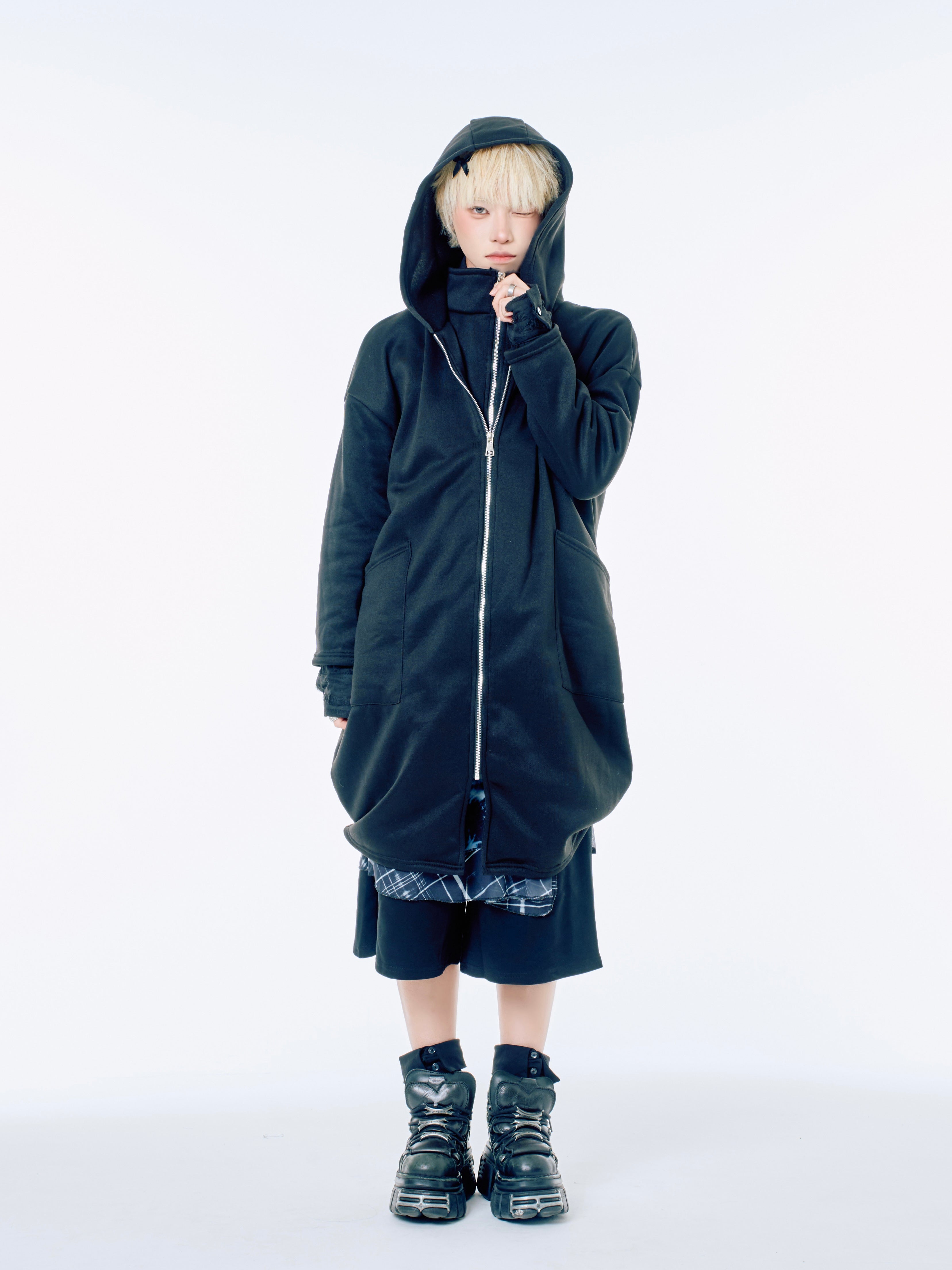 国際配送【Nerd out XU】big layered zip hoodie (2color) / 【ナードアウトエックスユー】ビックレイヤードジップフーディー