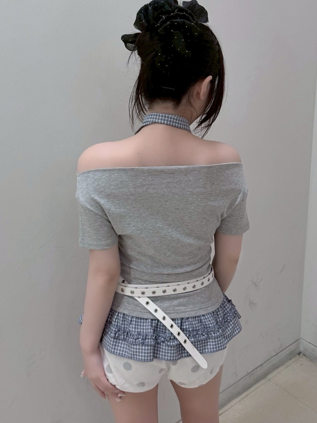 受注制【nmtc+】Check Frill Layered Tee Scarf Set (2color)