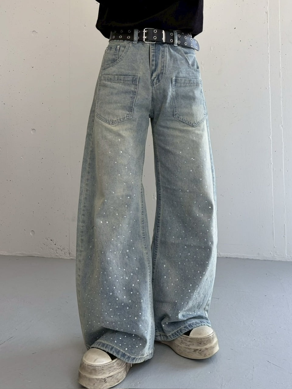 国際配送【LUV CODE】rhinestone wide denim pants (2color)