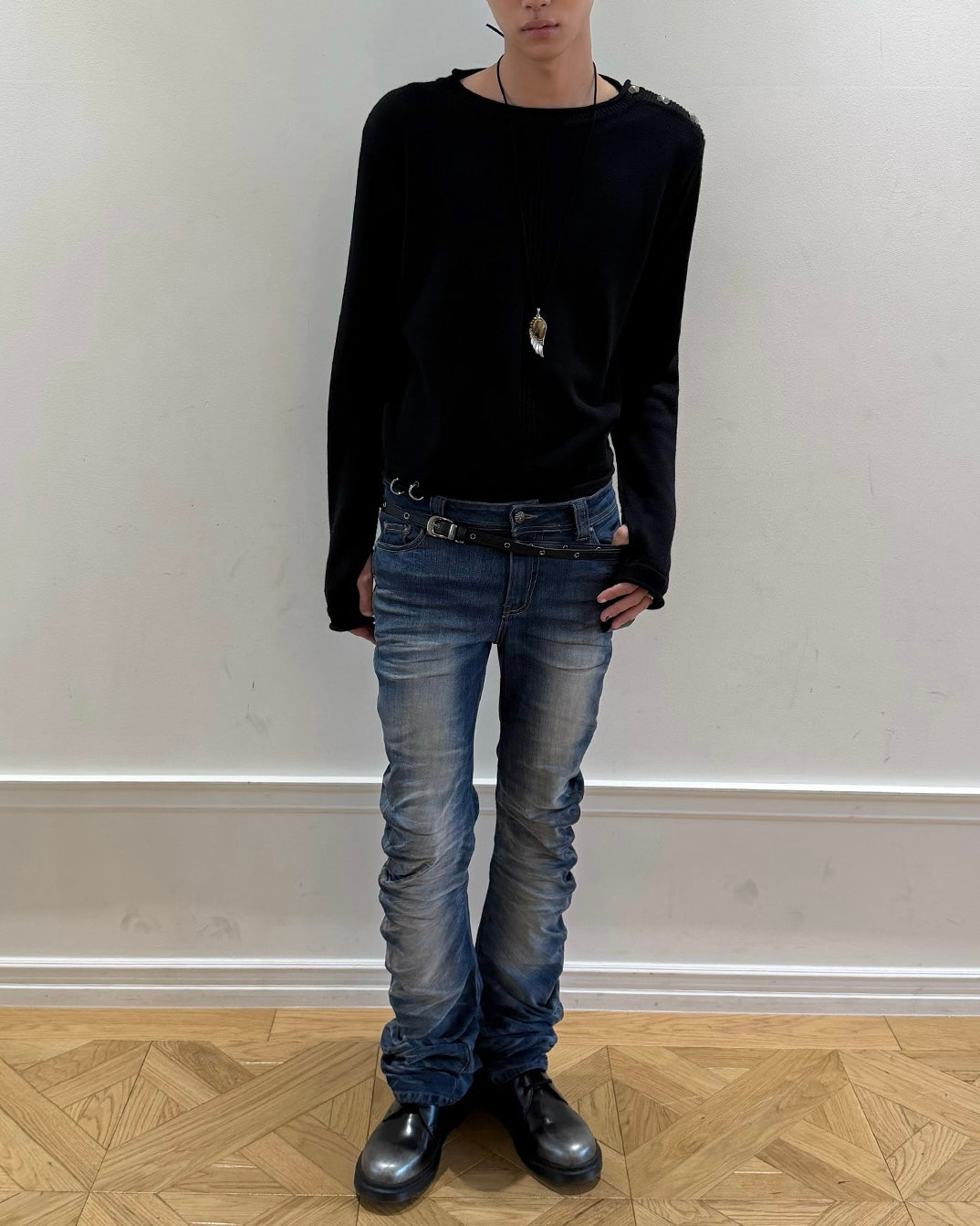 【LECYTO】Glitch Washed Curved Denim Pants