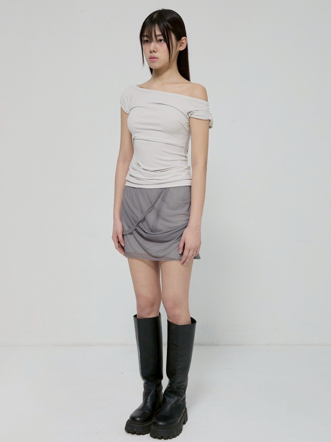 6/22 21:00発売【FLAREUP】Draped Mesh Layered Mini Skirt