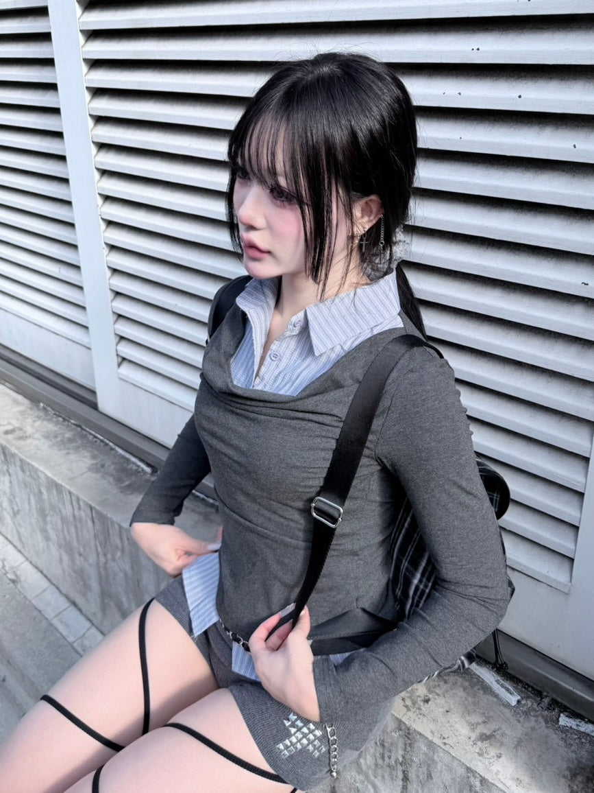 3/1 20:00発売 受注制【nmtc +】draep layered shirts / 【エヌエムティーシープラス】ドレープレイヤード長袖Tシャツ (2color)