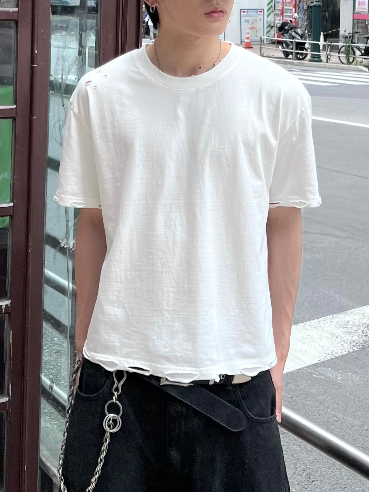 大阪店WEB限定受注制【Chikashitsu +】grunge damage crop t-shirt (3color)