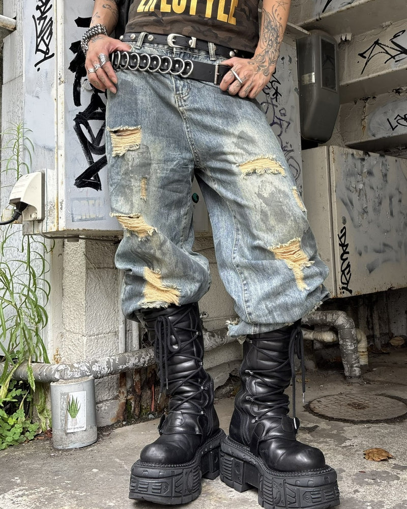 【Never mind the XU】paint damage denim pants (2color)