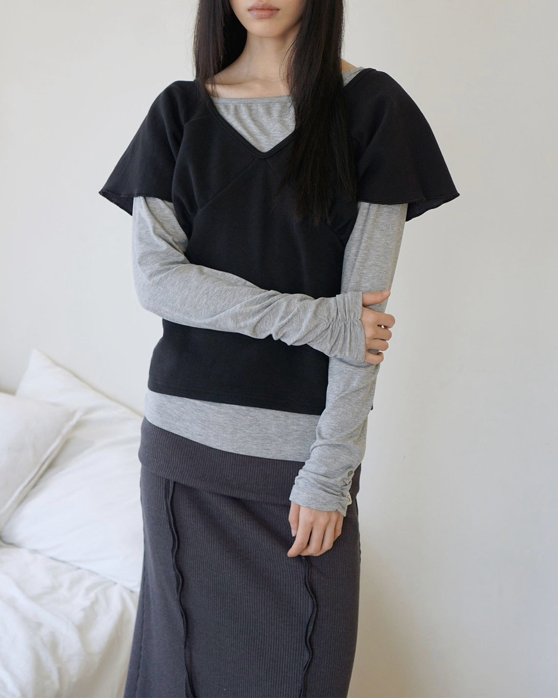 【Uglyshadow】WRAP SHIRRING TOP