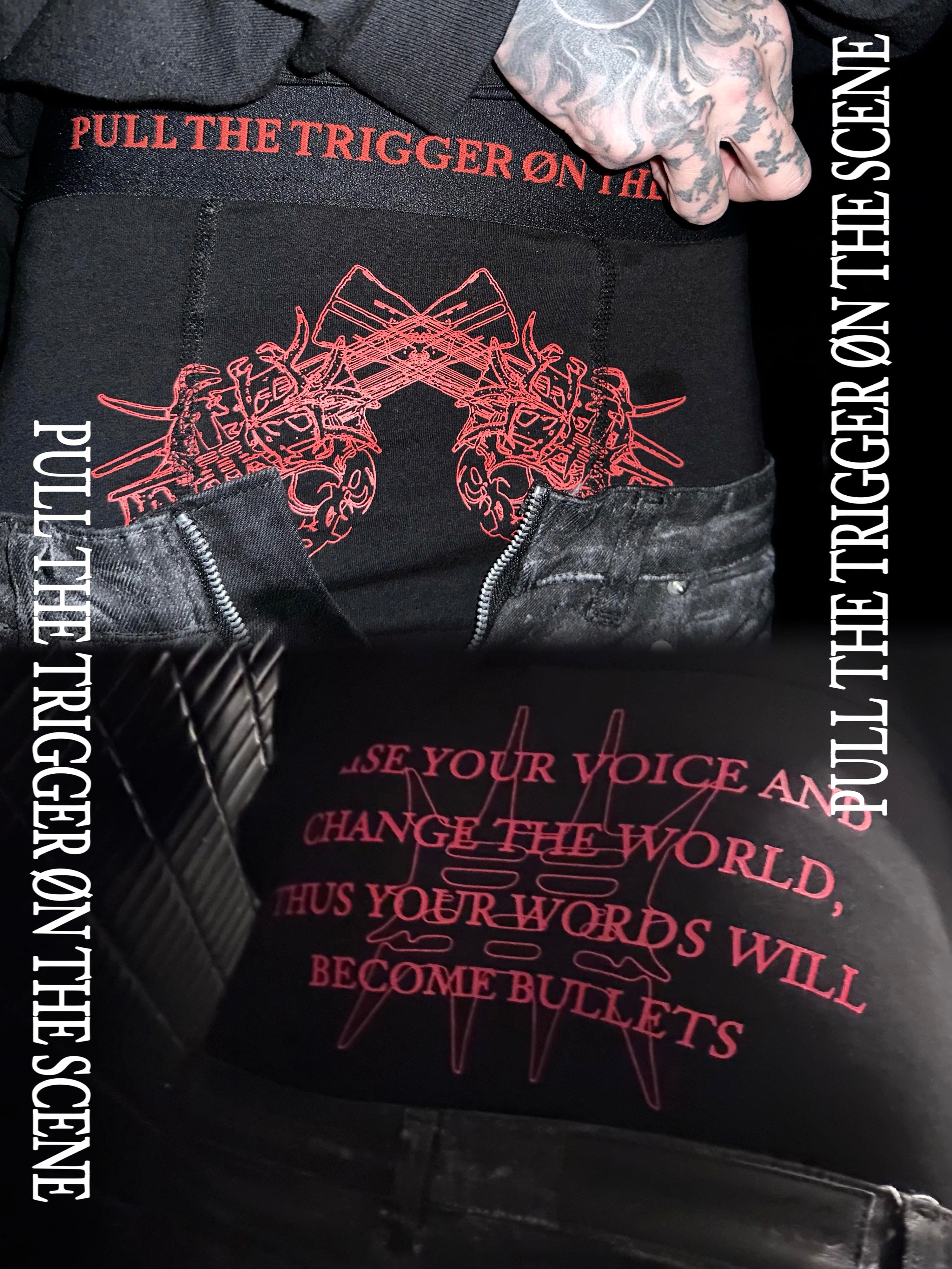 90's SHANTii Saten Boxer Pants 裏原 YIKAI LABORATORY】゛pull the trigger on the scene゛slogan revolver