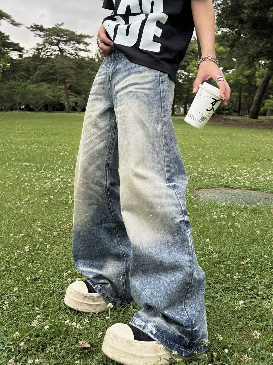 国際配送【RENOL】paint splatter wide denim pants